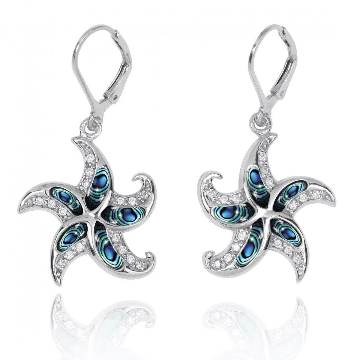 Starfish Lever Back Earrings with Abalone Shell and White CZ