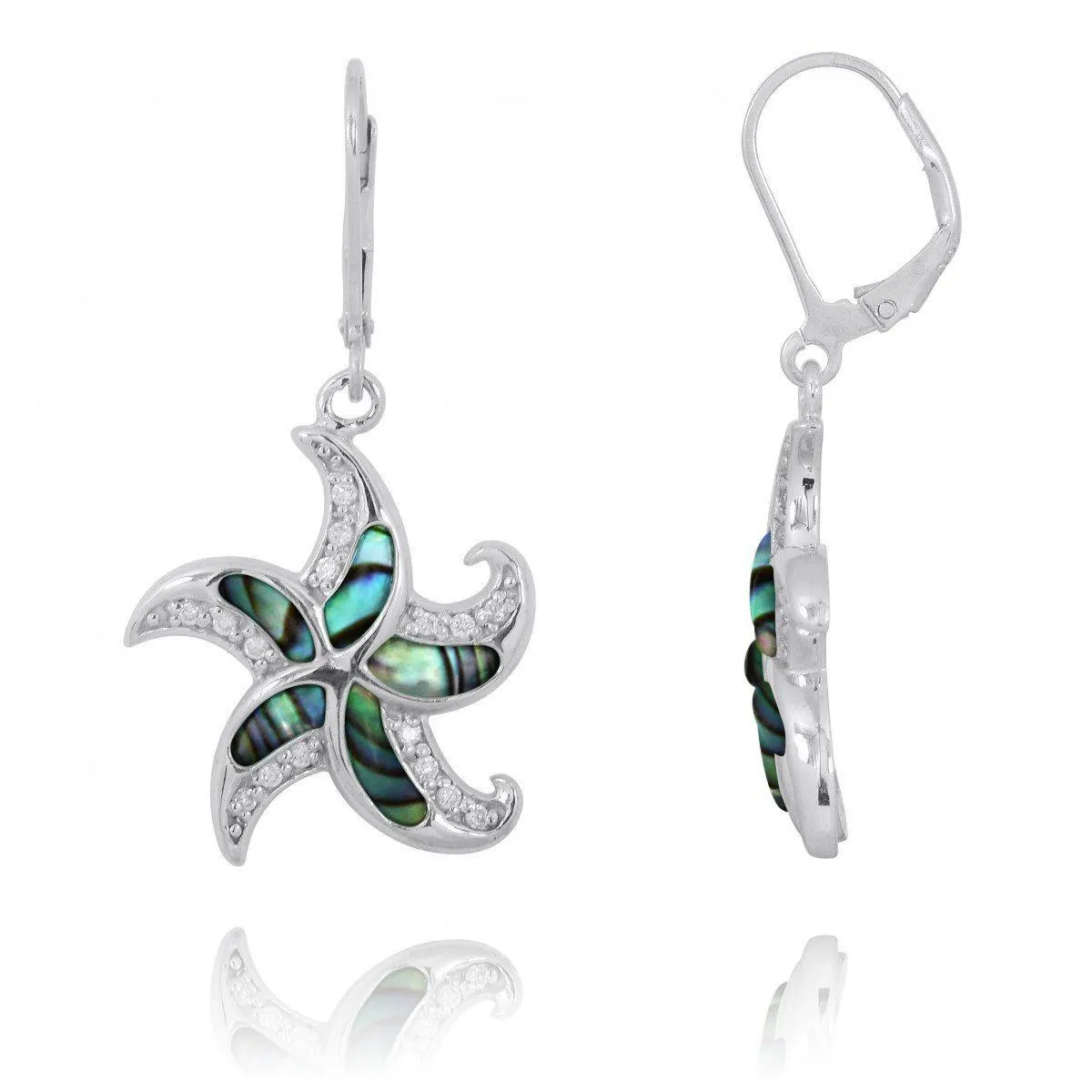 Starfish Lever Back Earrings with Abalone Shell and White CZ