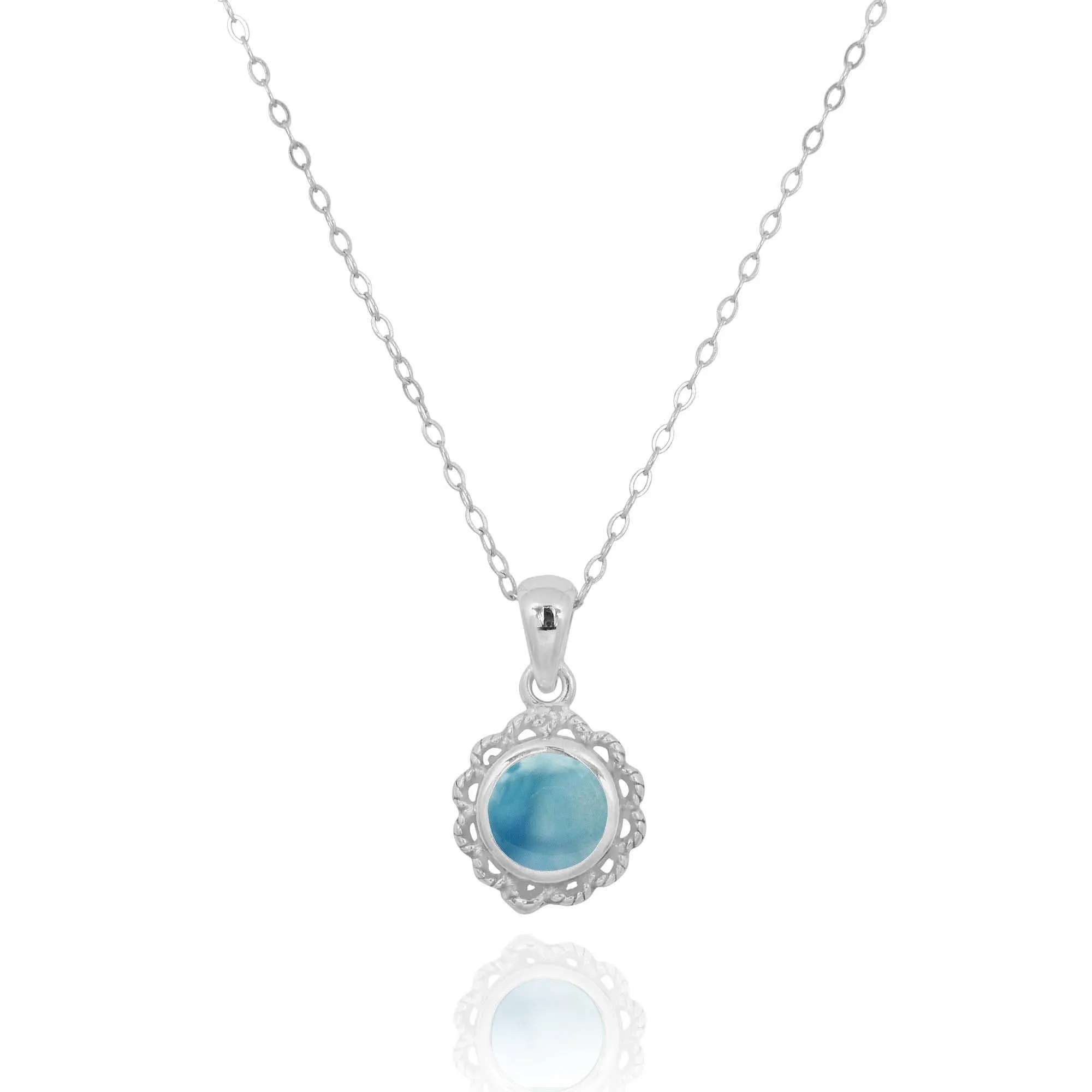 Sterling Silver Flower Pendant with Round Larimar