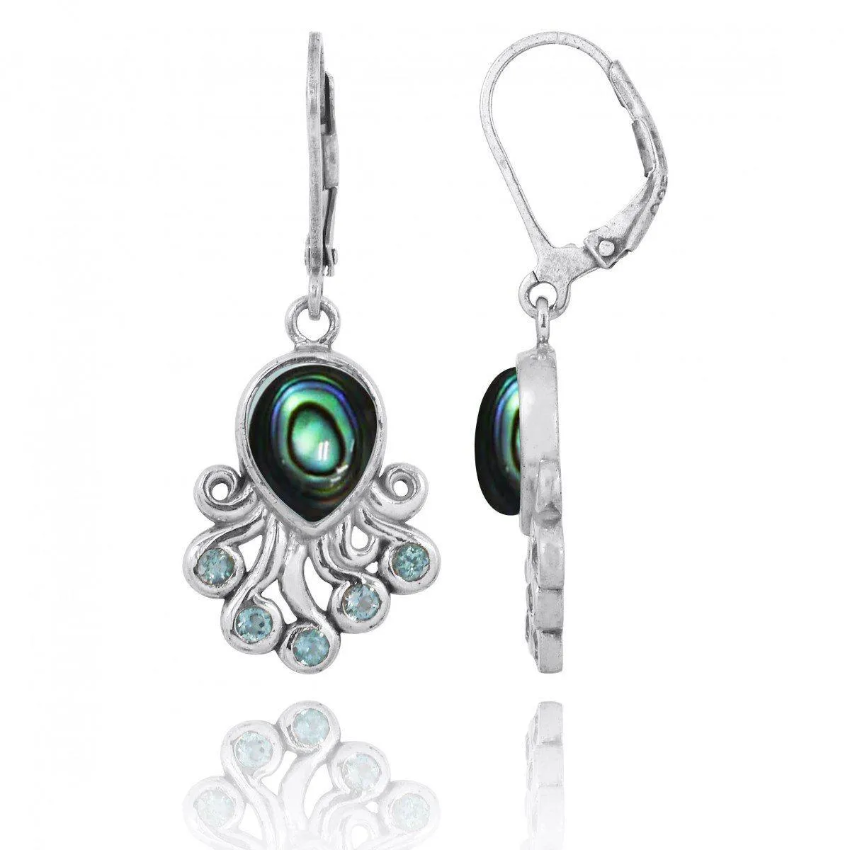 Sterling Silver Octopus with Abalone Shell and Swiss Blue Topaz Lever Back Earrings