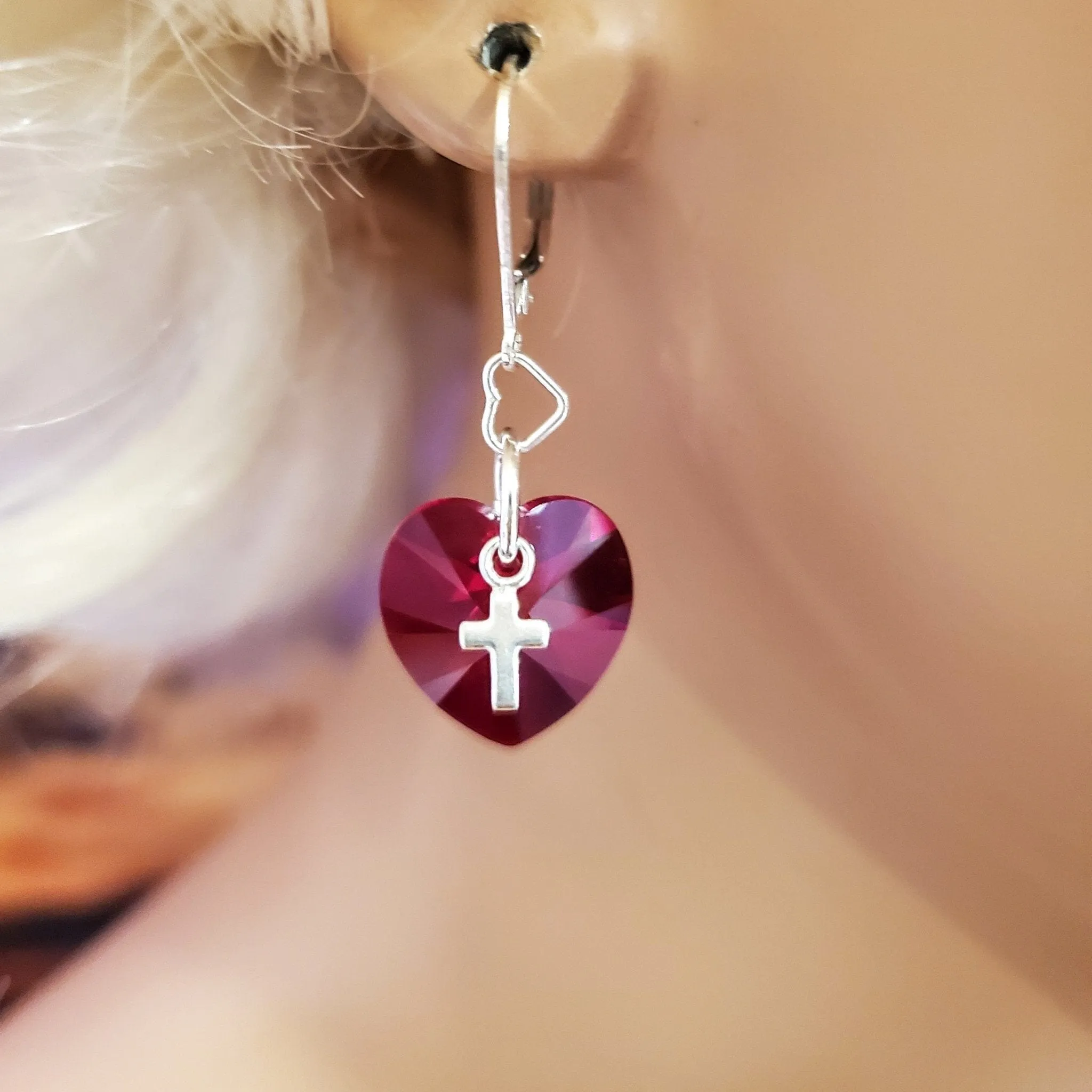 Sterling Silver Red Heart Crystal I Love You Jesus Earrings