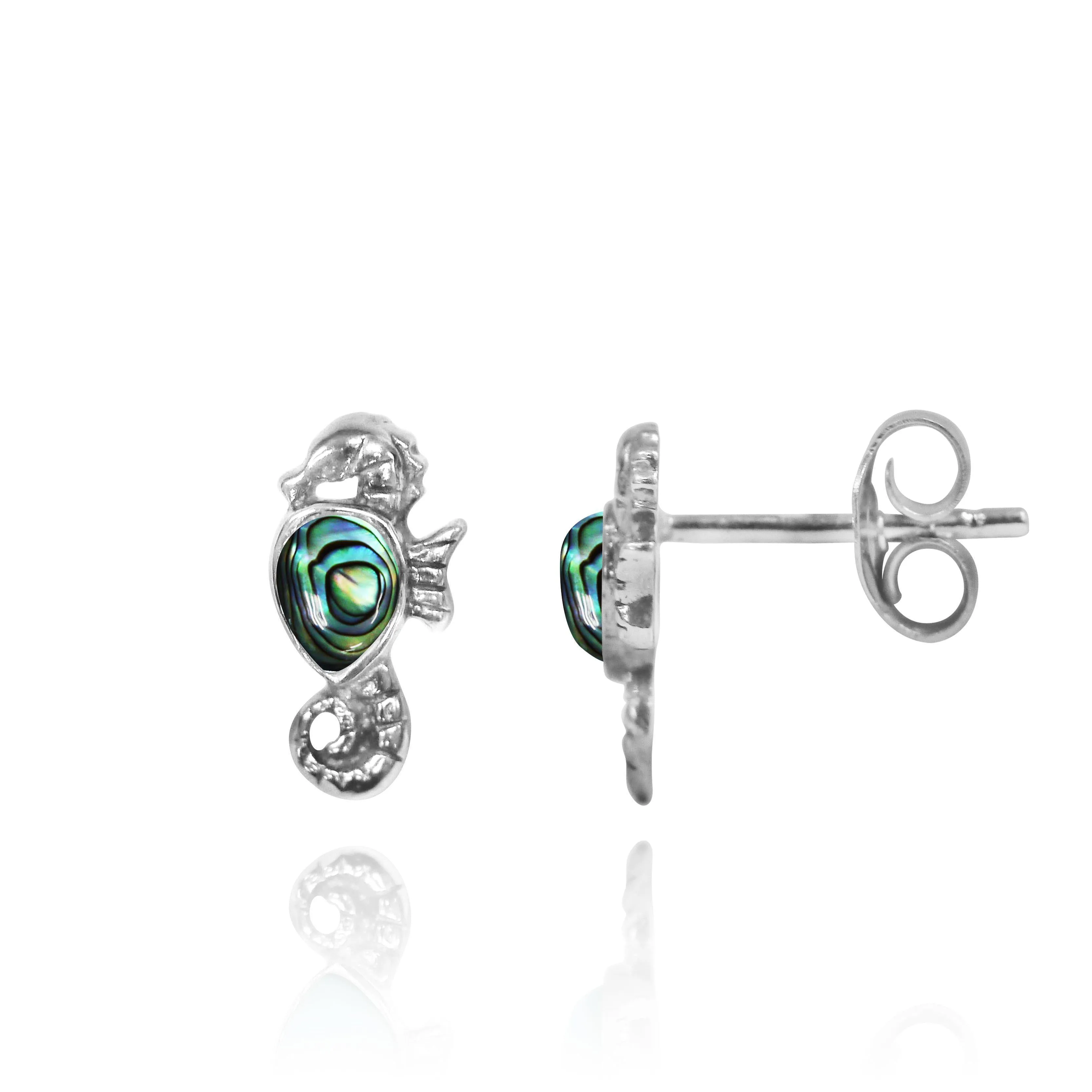 Sterling Silver Seahorse Stud Earrings with Pear Shape Abalone Shell