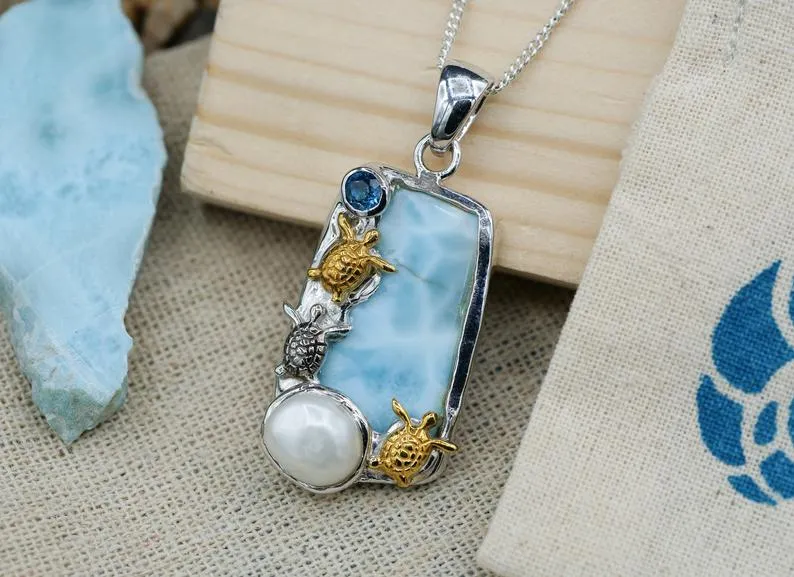 Three Sea Turtles with Larimar and Pearl Pendant Necklace - Only One Piece Created