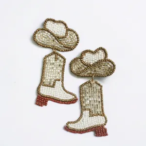 White Sparkly Beaded Cowboy Boot Earrings